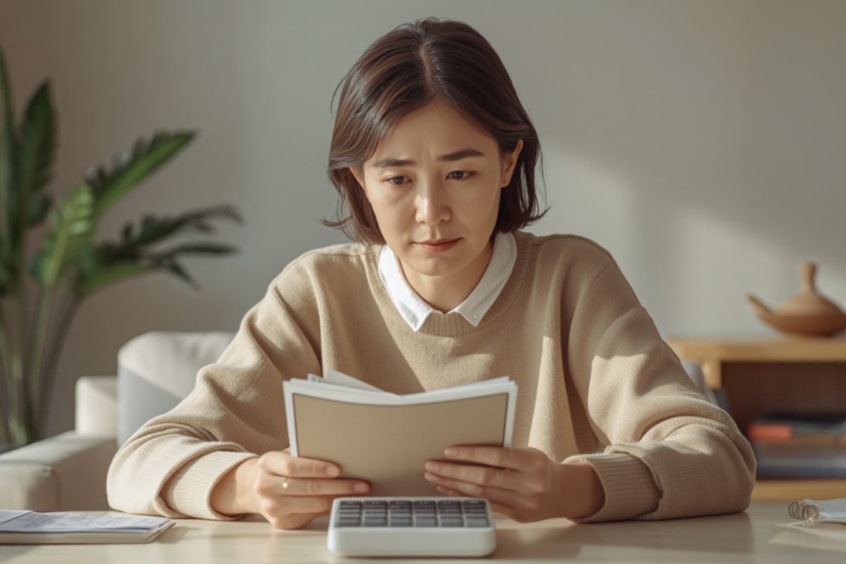 通帳と電卓を前に考え込む女性