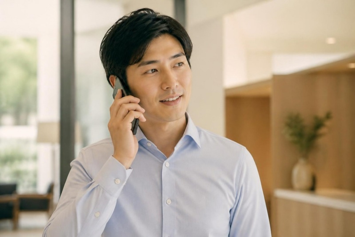 明るいオフィスで電話をしながら穏やかな表情を見せる20代後半のビジネスマン