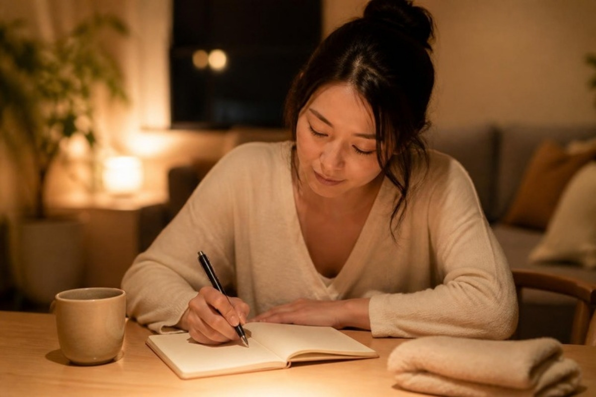 お風呂上がりに、ノートへ一行書き出す女性