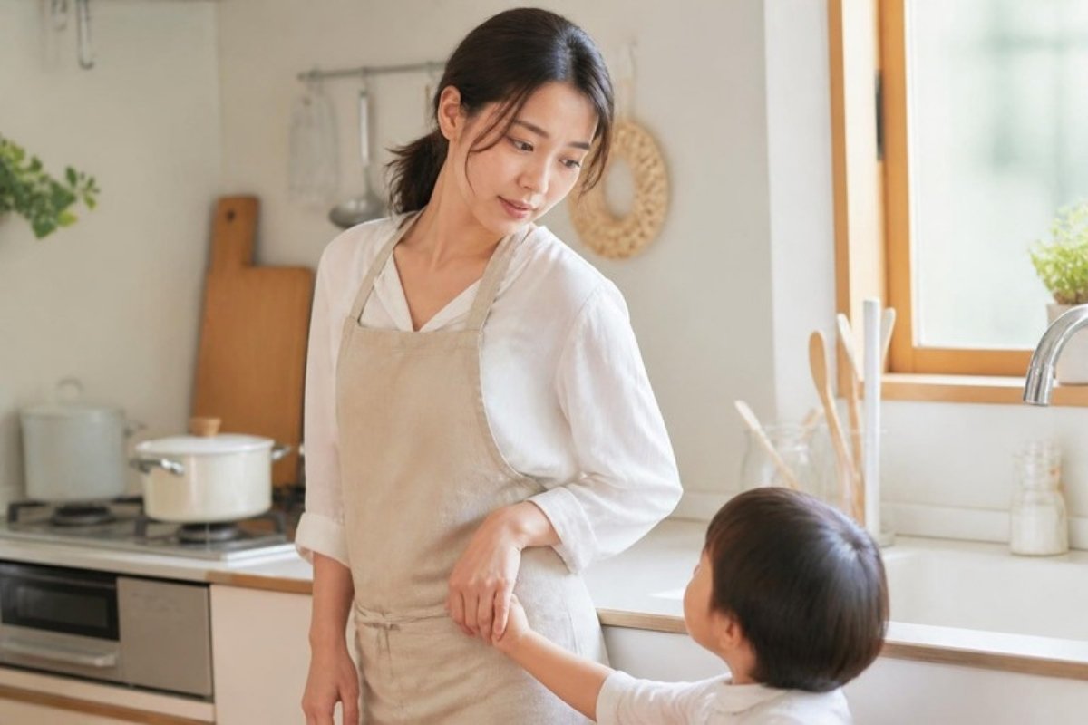 台所で幼い子の手をとるエプロン姿の母親