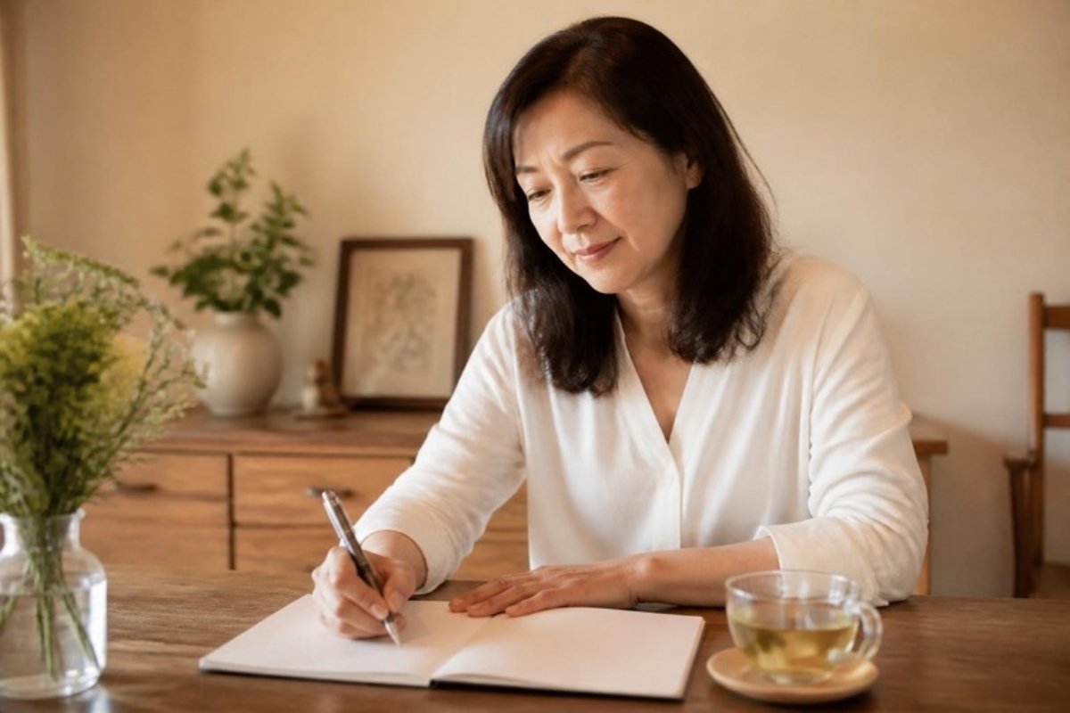 ノートに自分の気持ちを書き出している40代の女性