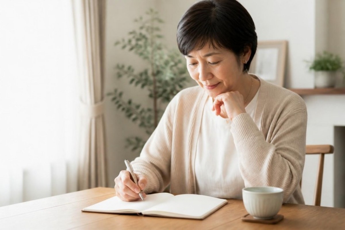 窓辺のテーブルでノートに記入する50代の女性