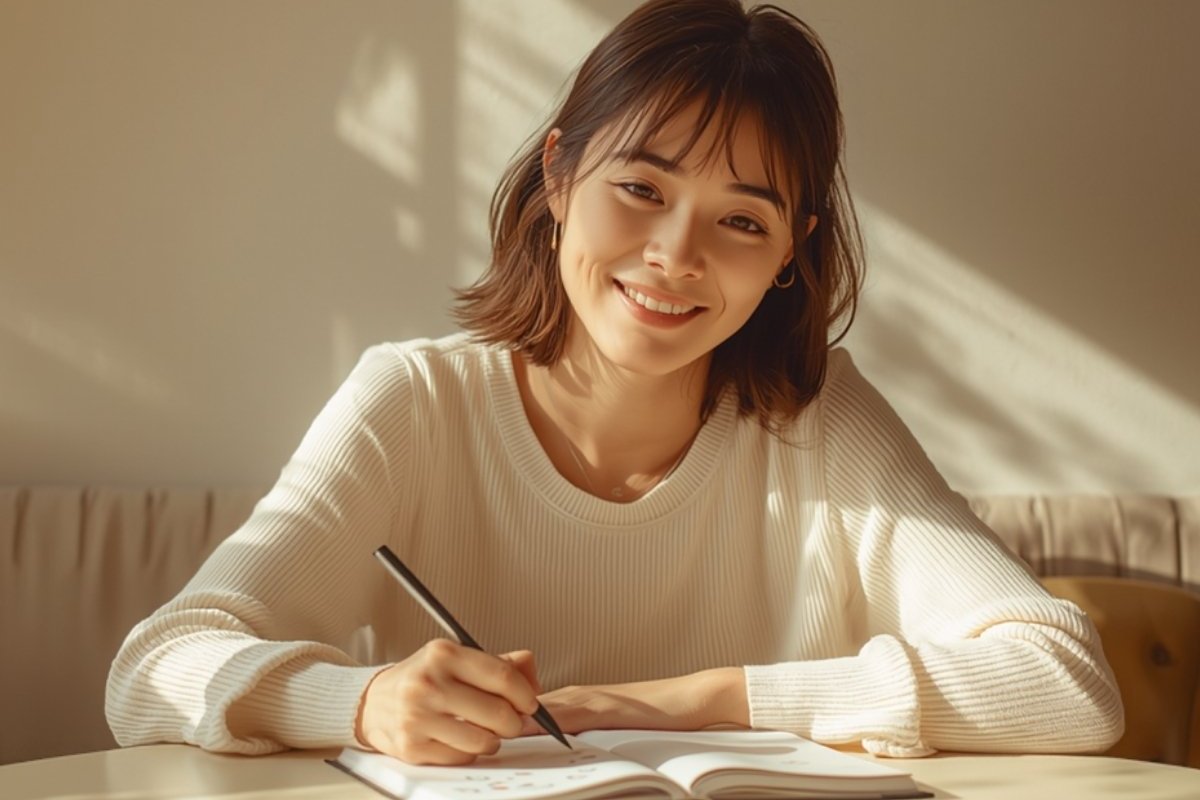 ノートに丸をつけながら大切なことを考える女性