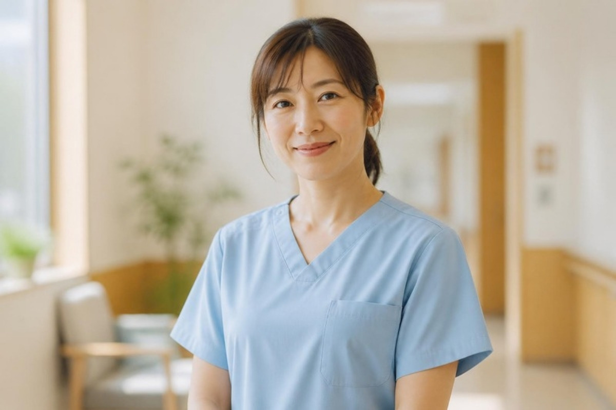 塩風呂の注意点を伝える、親しみやすい笑顔の看護師