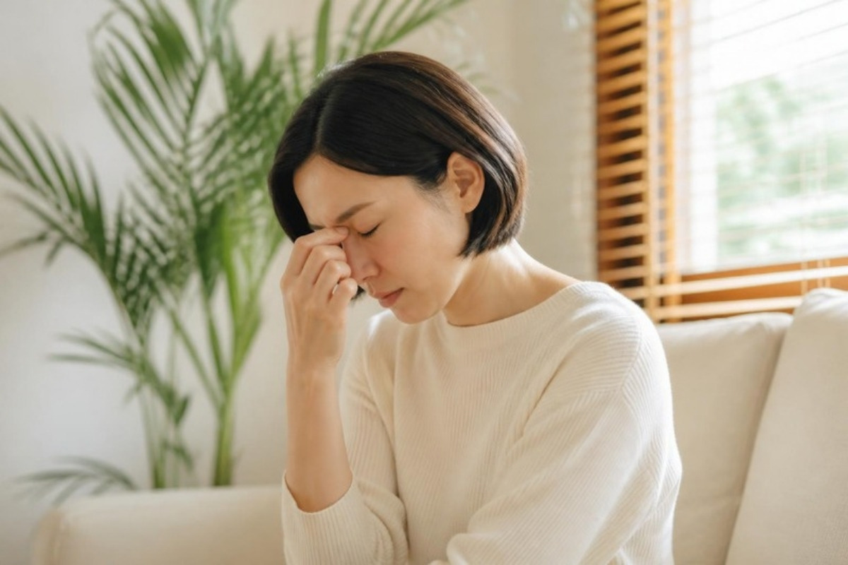 嫌いな人のことが頭から離れず、ソファで目頭を押さえて思い悩む女性