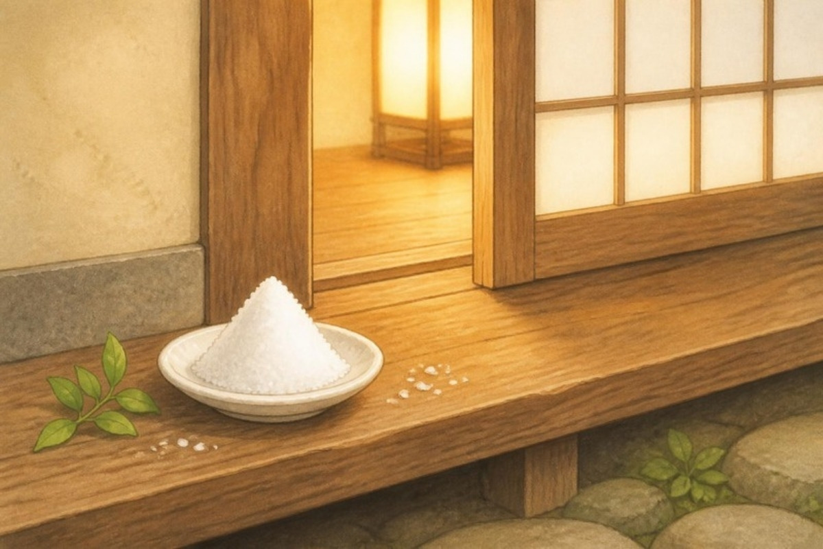 玄関先に置かれた清めの盛り塩のイラスト