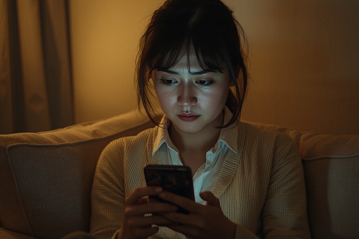 夜にスマホで株価を見て不安になる女性