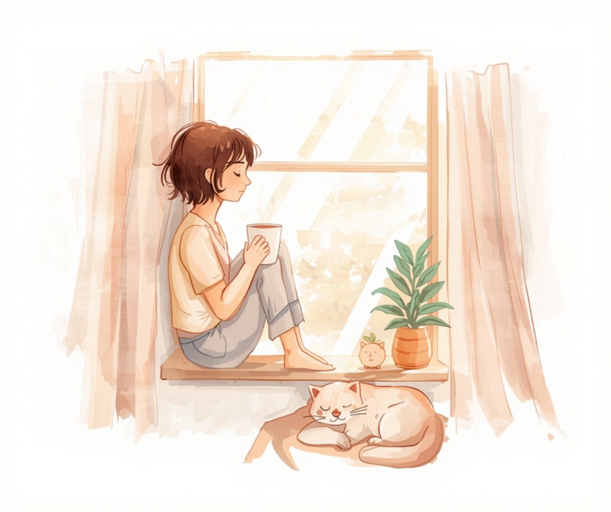 窓辺でお茶を飲みながらくつろぐ女性と眠る猫のほっこりイラスト