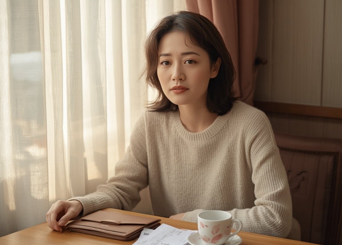 財布とレシートを前に考え込む女性