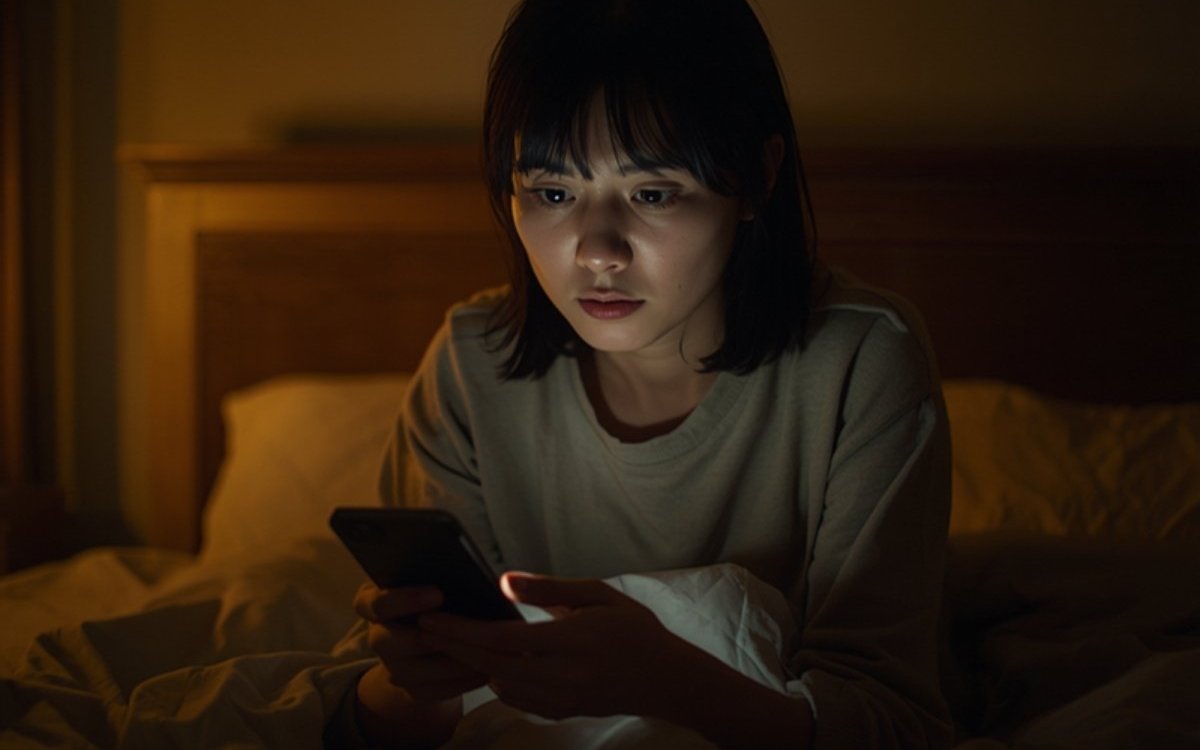 夜、お金の不安で眠れずスマホを見る女性