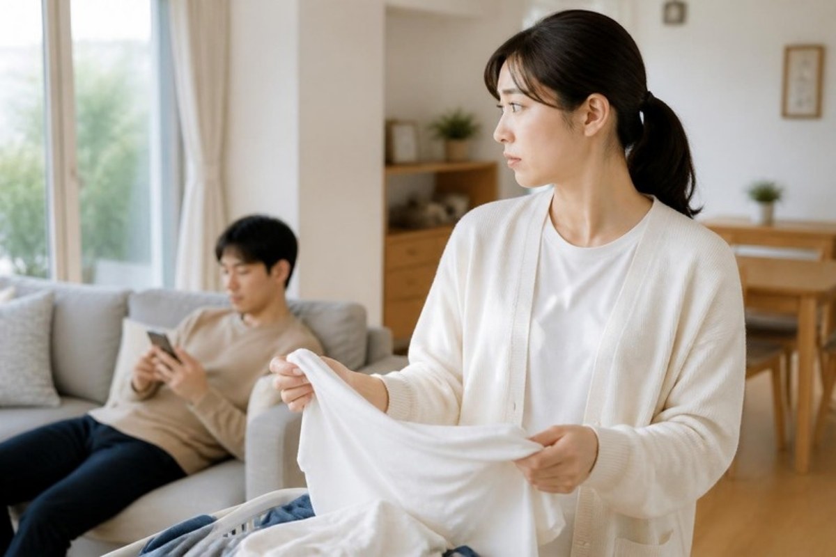 ソファでスマホを見る夫と、洗濯物をたたみながら夫を見る妻