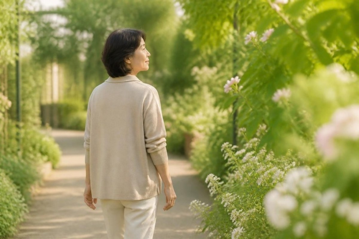 花の咲く庭の小道をゆっくり歩く50代の女性