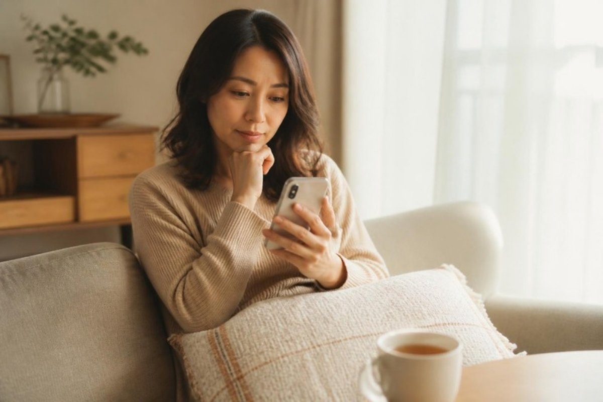 ソファでスマートフォンを見ながら、少し考え込んでいるベージュのニットの女性