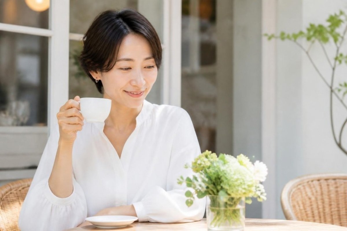 カフェのテラスで、ひとりの時間を楽しむ女性