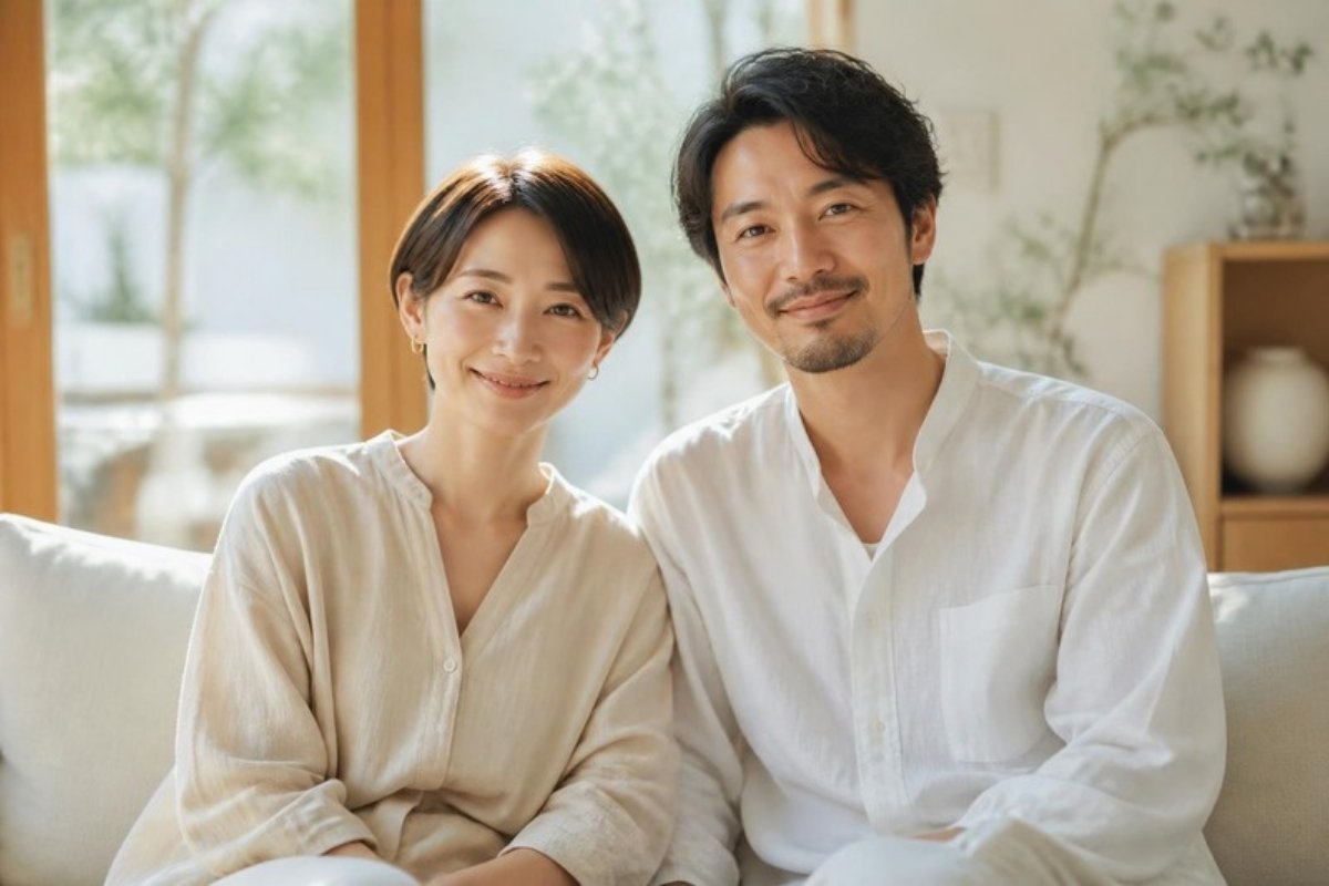 並んで穏やかに笑う日本人カップル