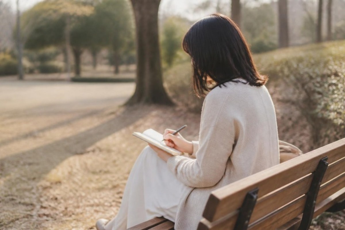 公園のベンチでノートに気持ちを書き出す女性