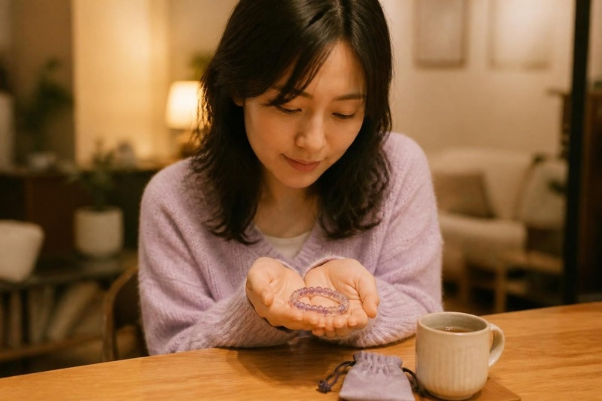 手のひらのパワーストーンのブレスレットを静かに見つめる女性