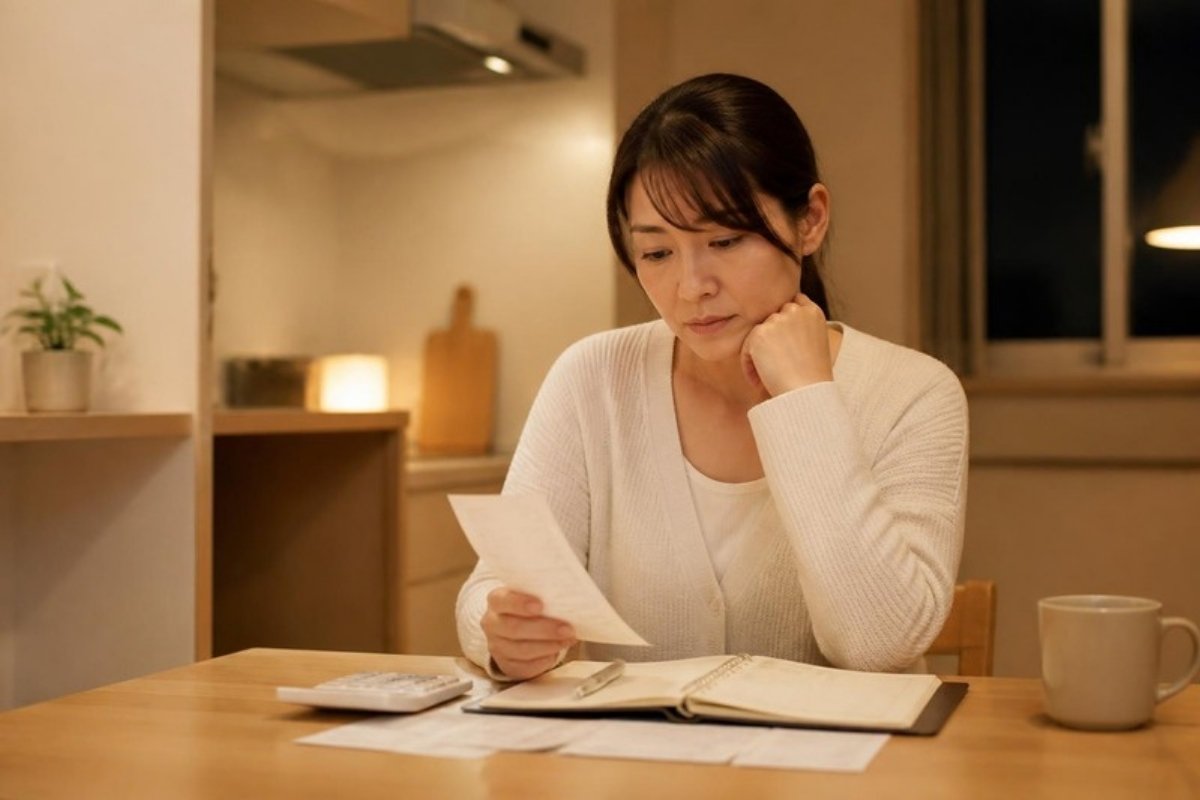 レシートと家計簿を前に、ひとりで考え込む女性