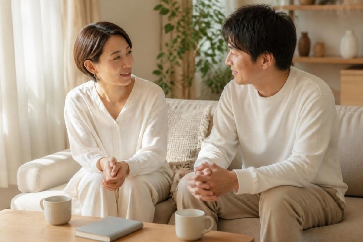 コーヒーを手に、生活費の分け方を穏やかに話し合う夫婦