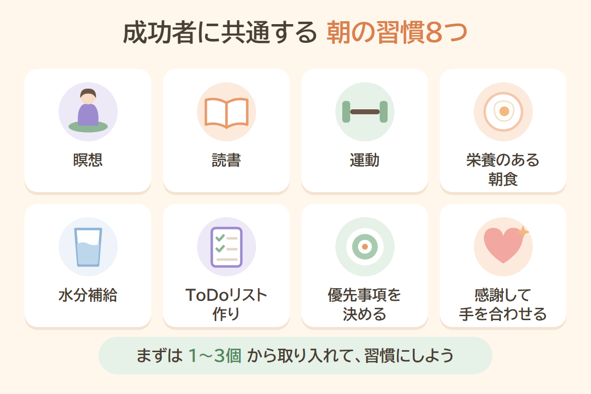 成功者に共通する朝の習慣8つ 瞑想・読書・運動・朝食・水分補給・ToDoリスト・優先事項・感謝