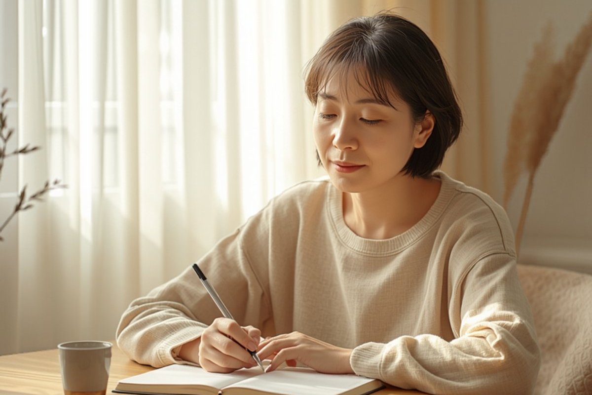 朝の窓辺でノートに書き出す女性