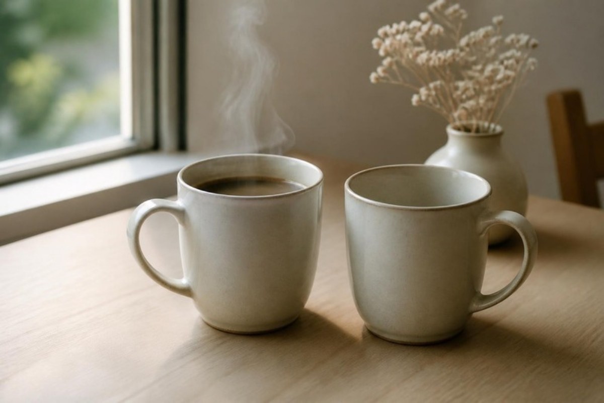 窓辺のテーブルに置かれたふたつのコーヒーカップ