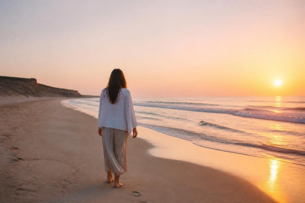 朝日の差す海辺をひとりで歩く女性の後ろ姿