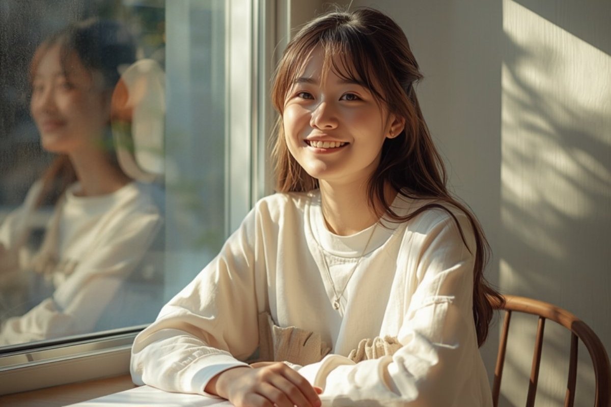 カフェの窓辺でノートを開き希望に満ちた笑顔を見せる20代の女性