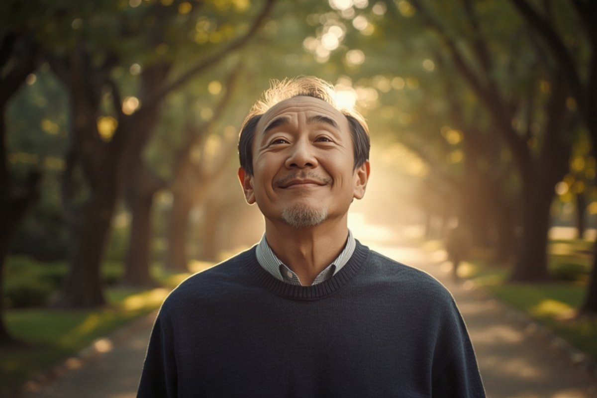 朝の並木道で晴れやかに顔を上げる男性