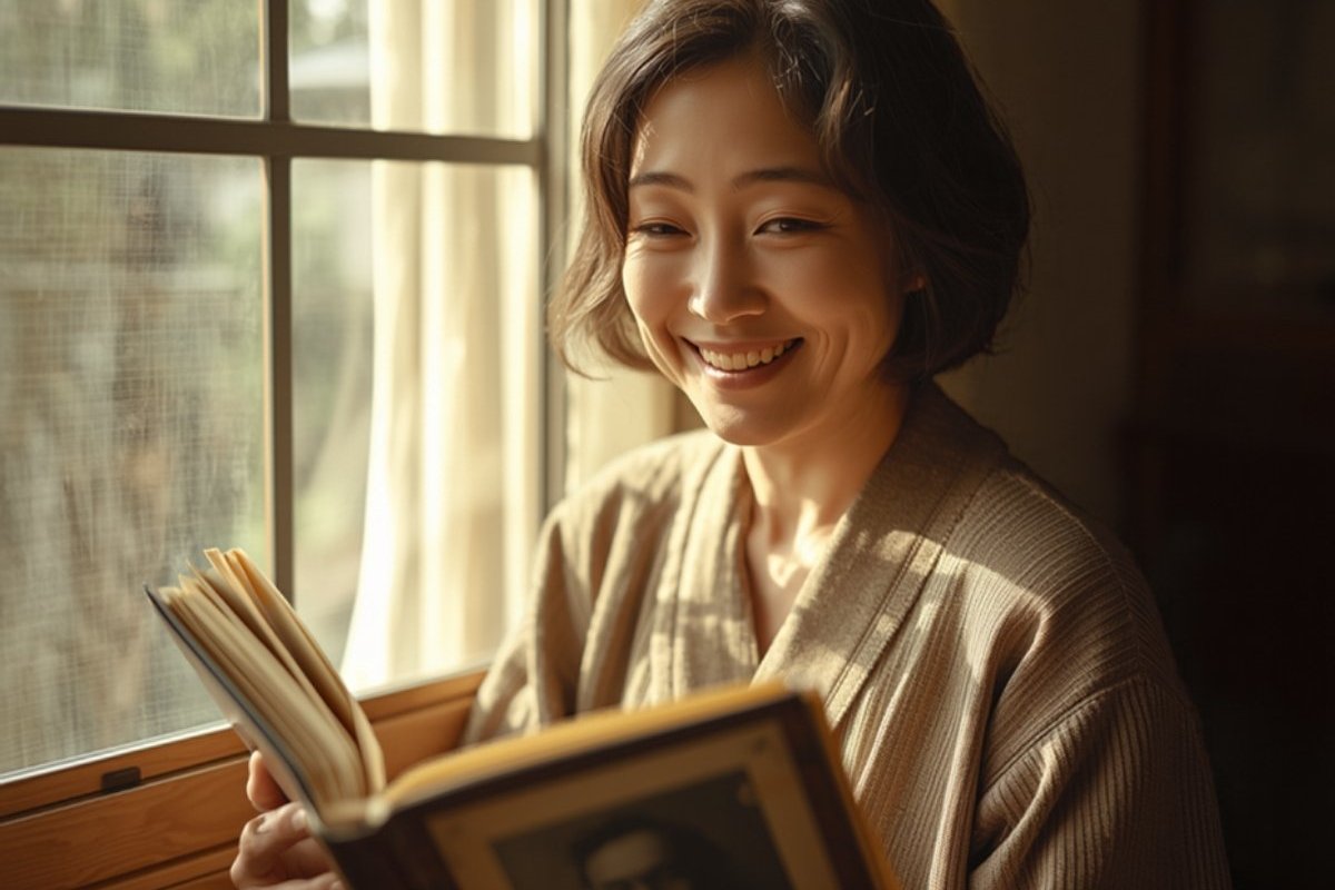 家族のアルバムを手に晴れやかに微笑む女性