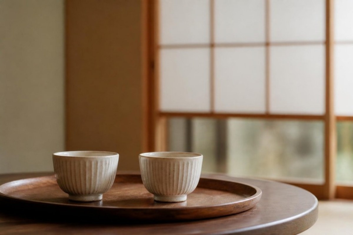 障子を背景に、お盆にのせたふたつの湯のみ