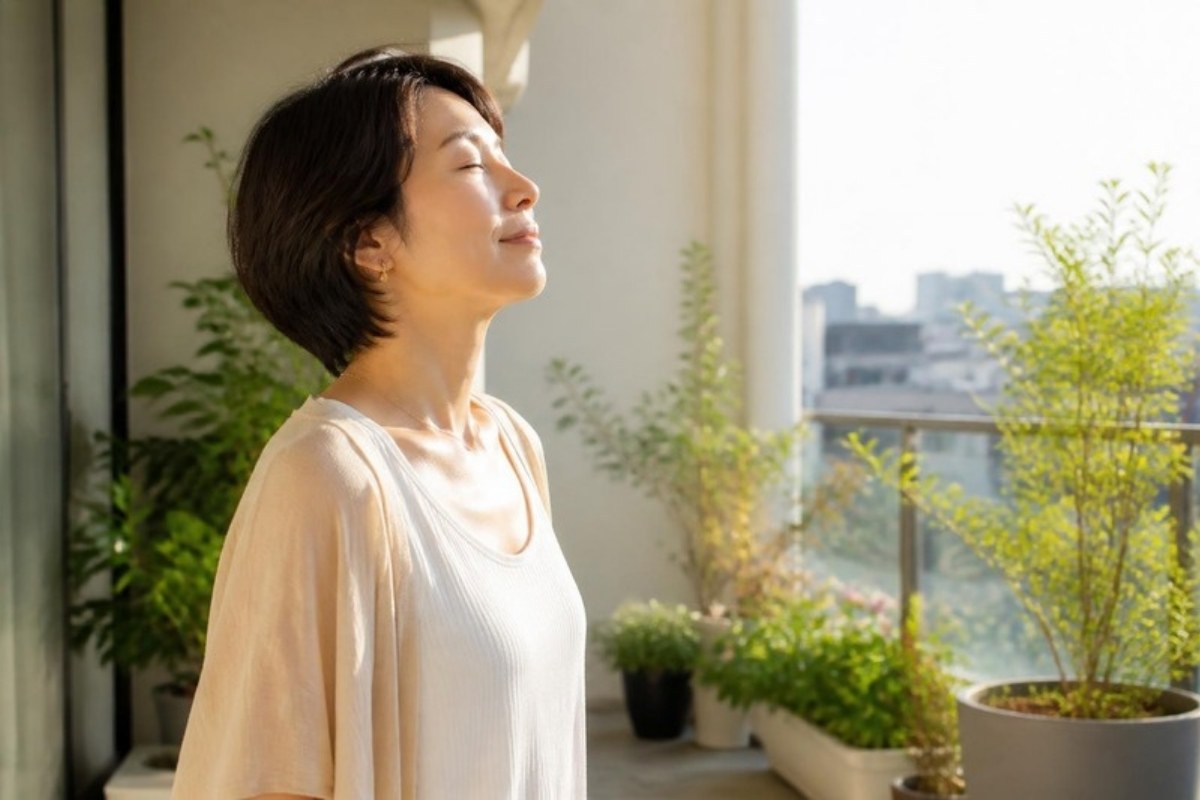 ベランダで目を閉じ、ゆっくり深呼吸する女性