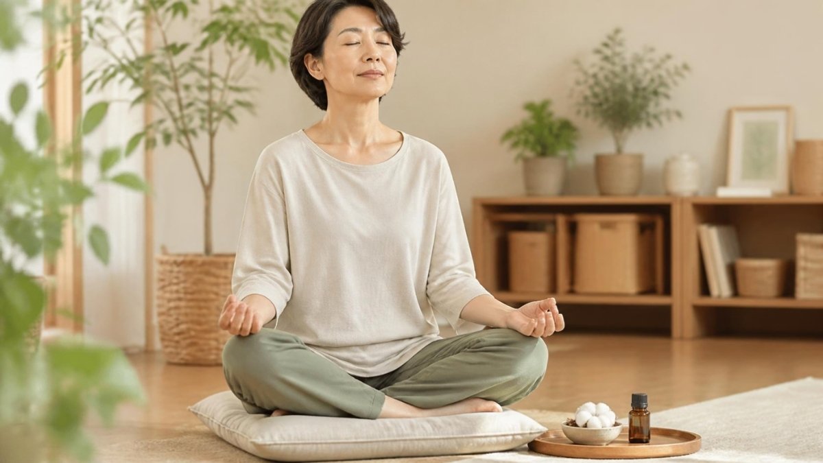 コットンと精油をそばに置いて瞑想する女性