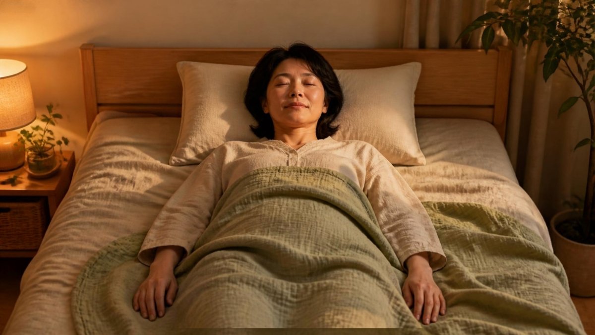 ふとんに仰向けになり、目を閉じてボディスキャン瞑想をする女性