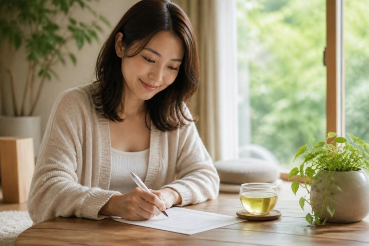 瞑想のあと、窓辺のテーブルで記録シートにひと言書きこむ女性