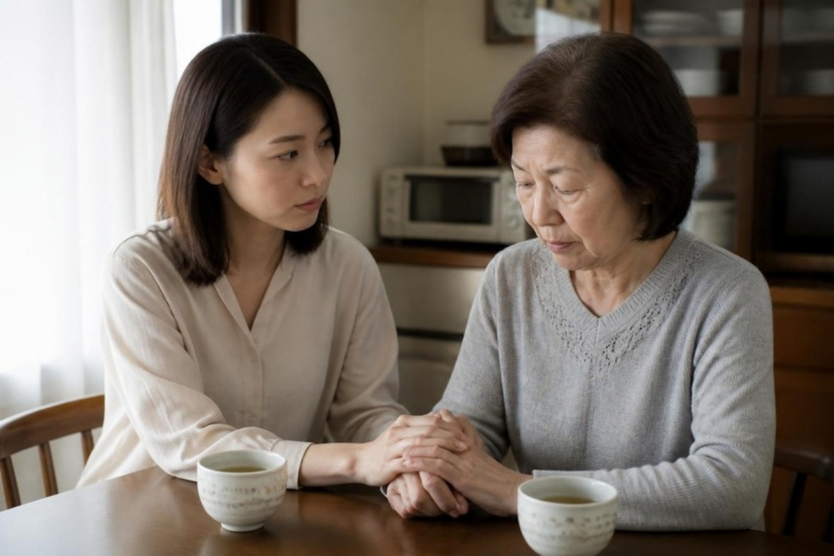 実家の台所で、母の手をそっと握る30代の女性