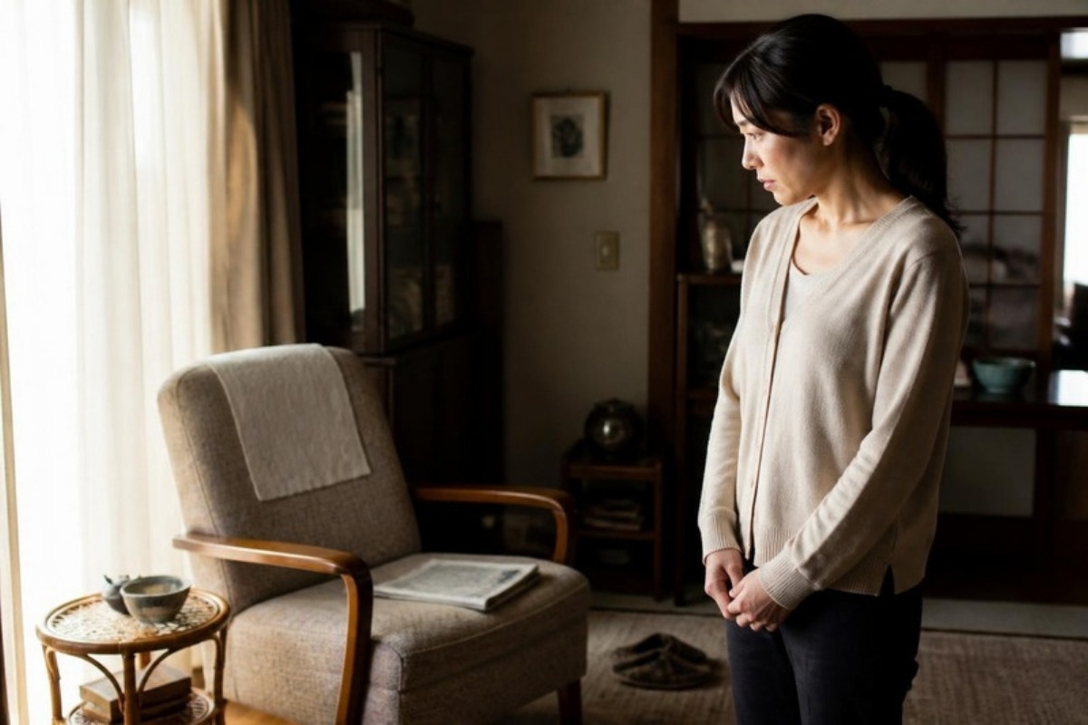 父がいつも座っていた空いた椅子を見つめる30代の女性