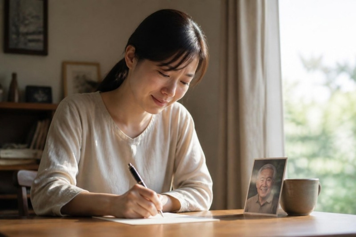 窓辺の机で、亡くなった父への手紙を書く30代の女性