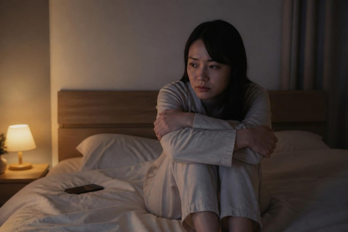 夜、眠れずにベッドの上で膝を抱える30代の女性