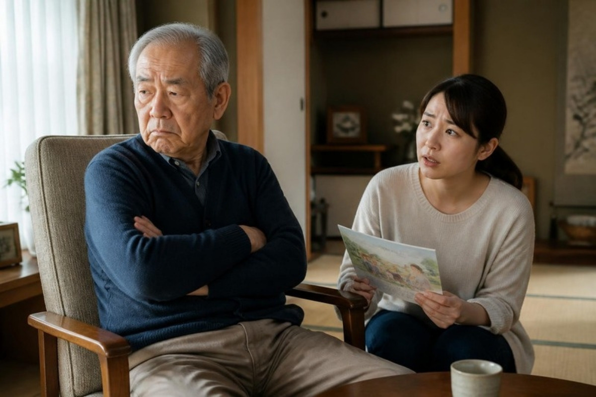 腕を組んでそっぽを向く父親と、デイサービスのパンフレットを手に困った顔をする30代の娘