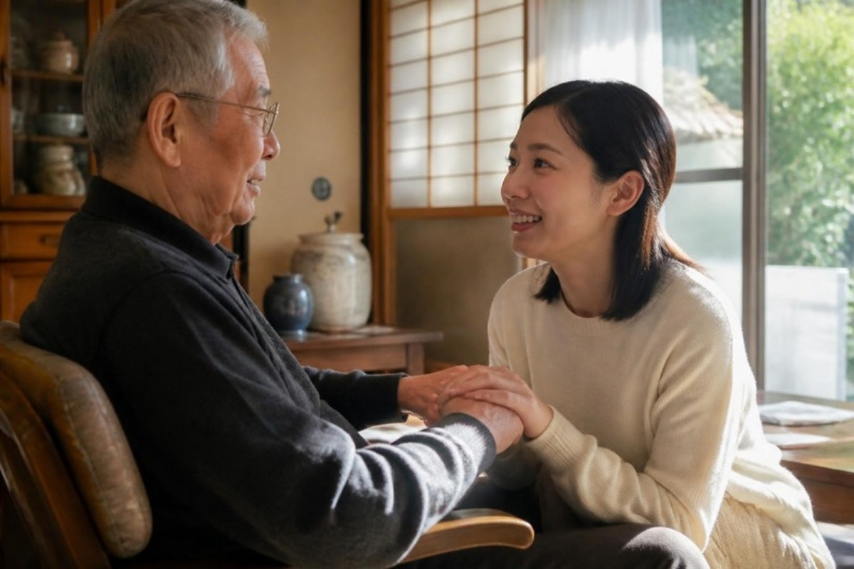 父親の目線までかがみ、手を握って話を聞く30代の娘