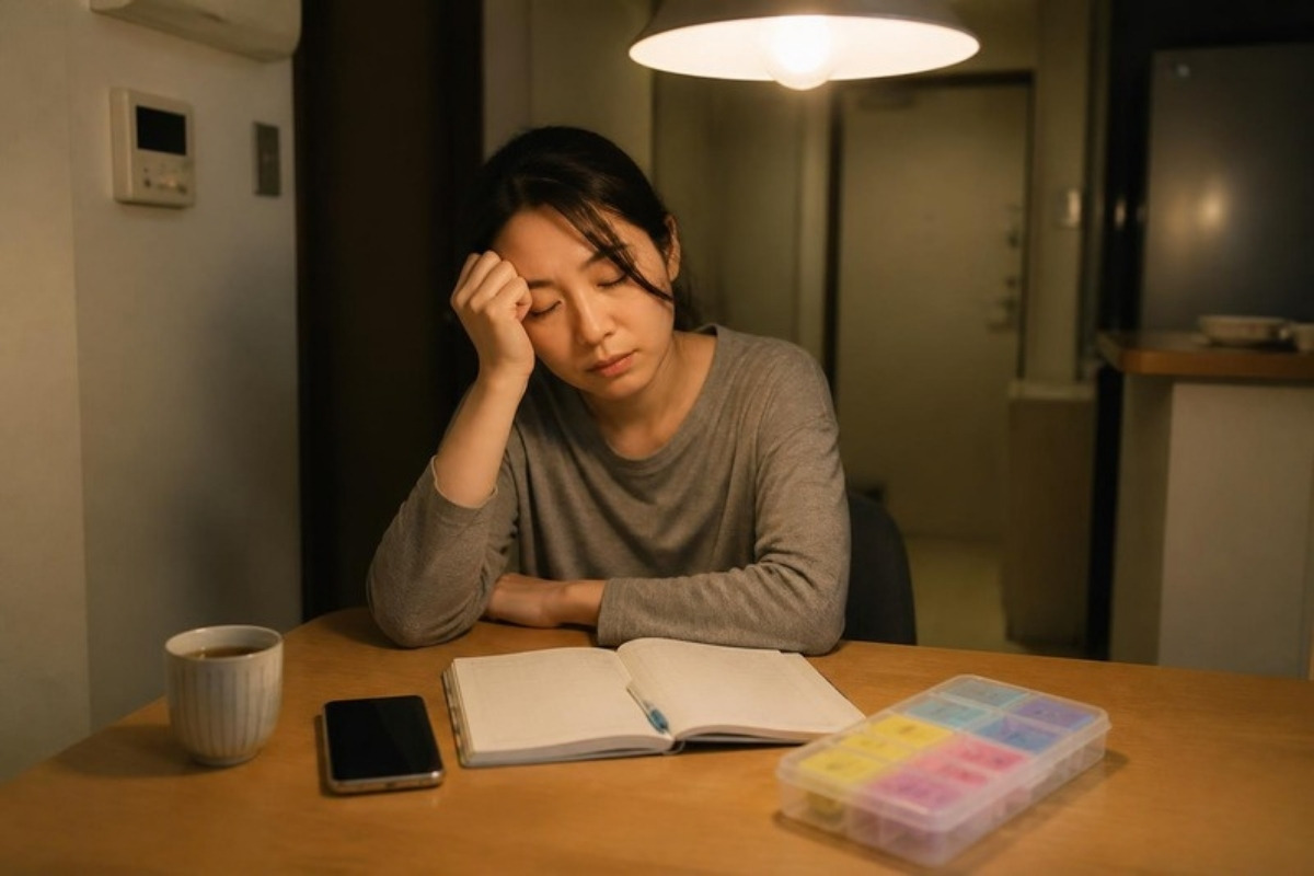 夜のダイニングテーブルで、介護に疲れて額に手を当てる30代の女性