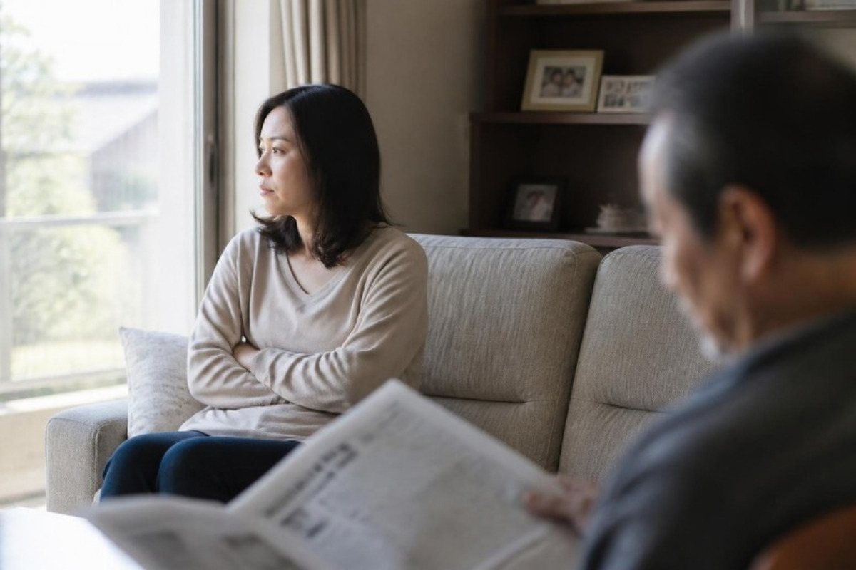 実家のソファで腕を組み、父親から目をそらす30代の女性