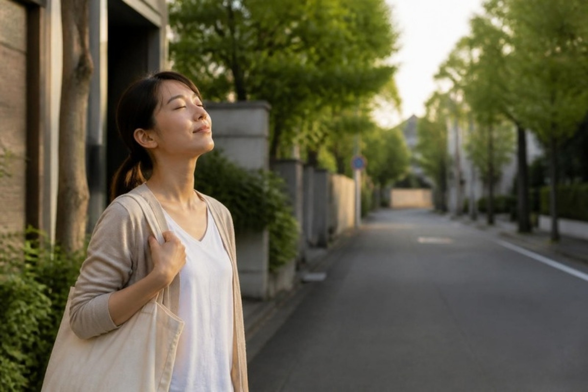 夕方の住宅街を歩きながら、目を閉じて深呼吸する30代の女性