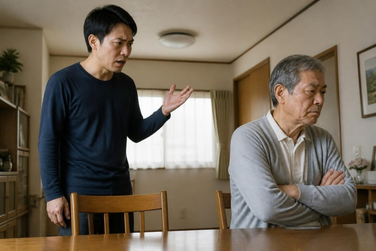 実家のダイニングで、腕を組む父親と言い合いになる30代の男性