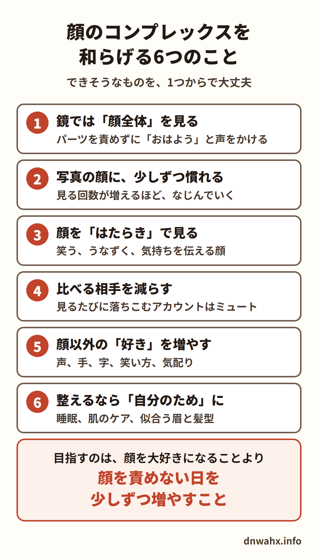 顔のコンプレックスを和らげる6つのこと　1 鏡では顔全体を見る（パーツを責めずにおはようと声をかける）　2 写真の顔に、少しずつ慣れる（見る回数が増えるほど、なじんでいく）　3 顔をはたらきで見る（笑う、うなずく、気持ちを伝える顔）　4 比べる相手を減らす（見るたびに落ちこむアカウントはミュート）　5 顔以外の好きを増やす（声、手、字、笑い方、気配り）　6 整えるなら自分のために（睡眠、肌のケア、似合う眉と髪型）。目指すのは、顔を大好きになることより、顔を責めない日を少しずつ増やすこと