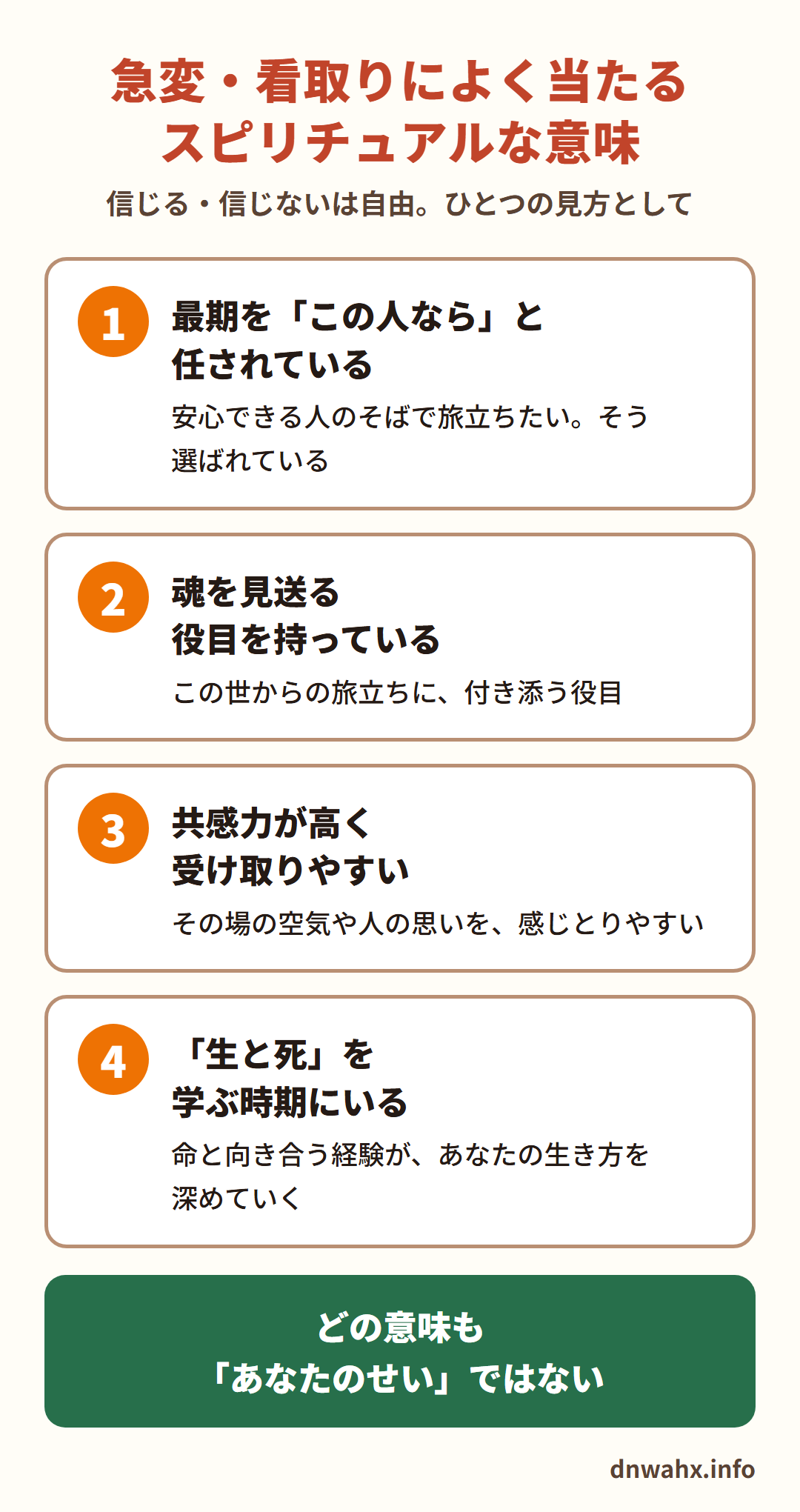 急変・看取りによく当たるスピリチュアルな意味（信じる・信じないは自由。ひとつの見方として）　1 最期を「この人なら」と任されている　2 魂を見送る役目を持っている　3 共感力が高く受け取りやすい　4 「生と死」を学ぶ時期にいる。どの意味も「あなたのせい」ではない