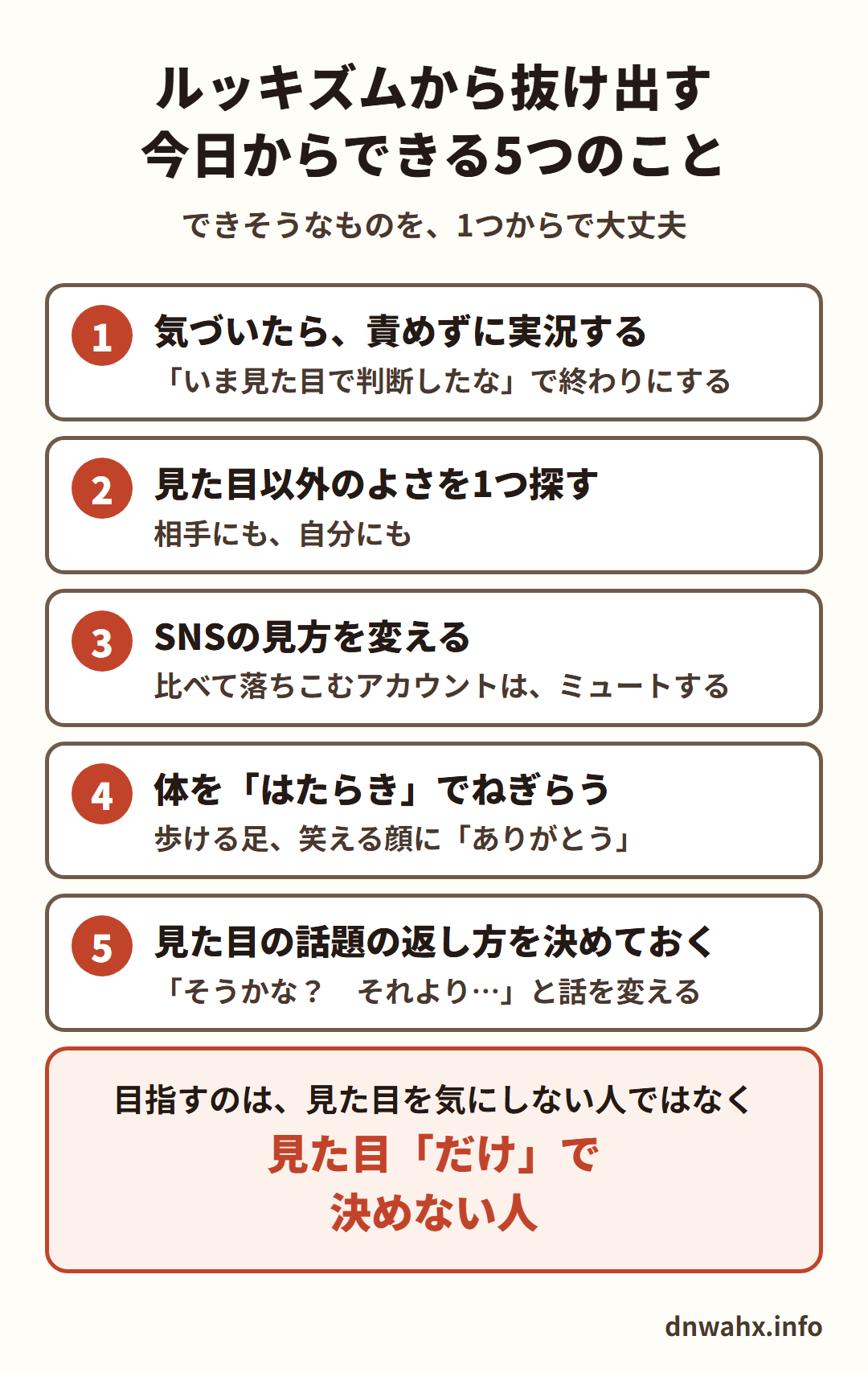 ルッキズムから抜け出す、今日からできる5つのこと 1 気づいたら、責めずに実況する(「いま見た目で判断したな」で終わりにする) 2 見た目以外のよさを1つ探す(相手にも、自分にも) 3 SNSの見方を変える(比べて落ちこむアカウントは、ミュートする) 4 体を「はたらき」でねぎらう(歩ける足、笑える顔に「ありがとう」) 5 見た目の話題の返し方を決めておく(「そうかな?それより…」と話を変える)。目指すのは、見た目を気にしない人ではなく、見た目「だけ」で決めない人