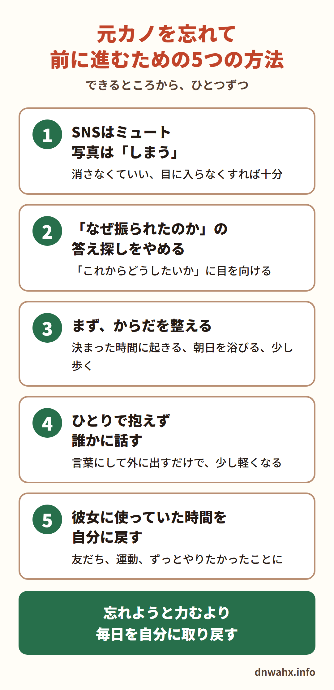 元カノを忘れて前に進むための5つの方法　1 SNSはミュート、写真は「しまう」（消さなくていい）　2 「なぜ振られたのか」の答え探しをやめる　3 まず、からだを整える（決まった時間に起きる、朝日を浴びる、少し歩く）　4 ひとりで抱えず誰かに話す　5 彼女に使っていた時間を自分に戻す。忘れようと力むより、毎日を自分に取り戻す