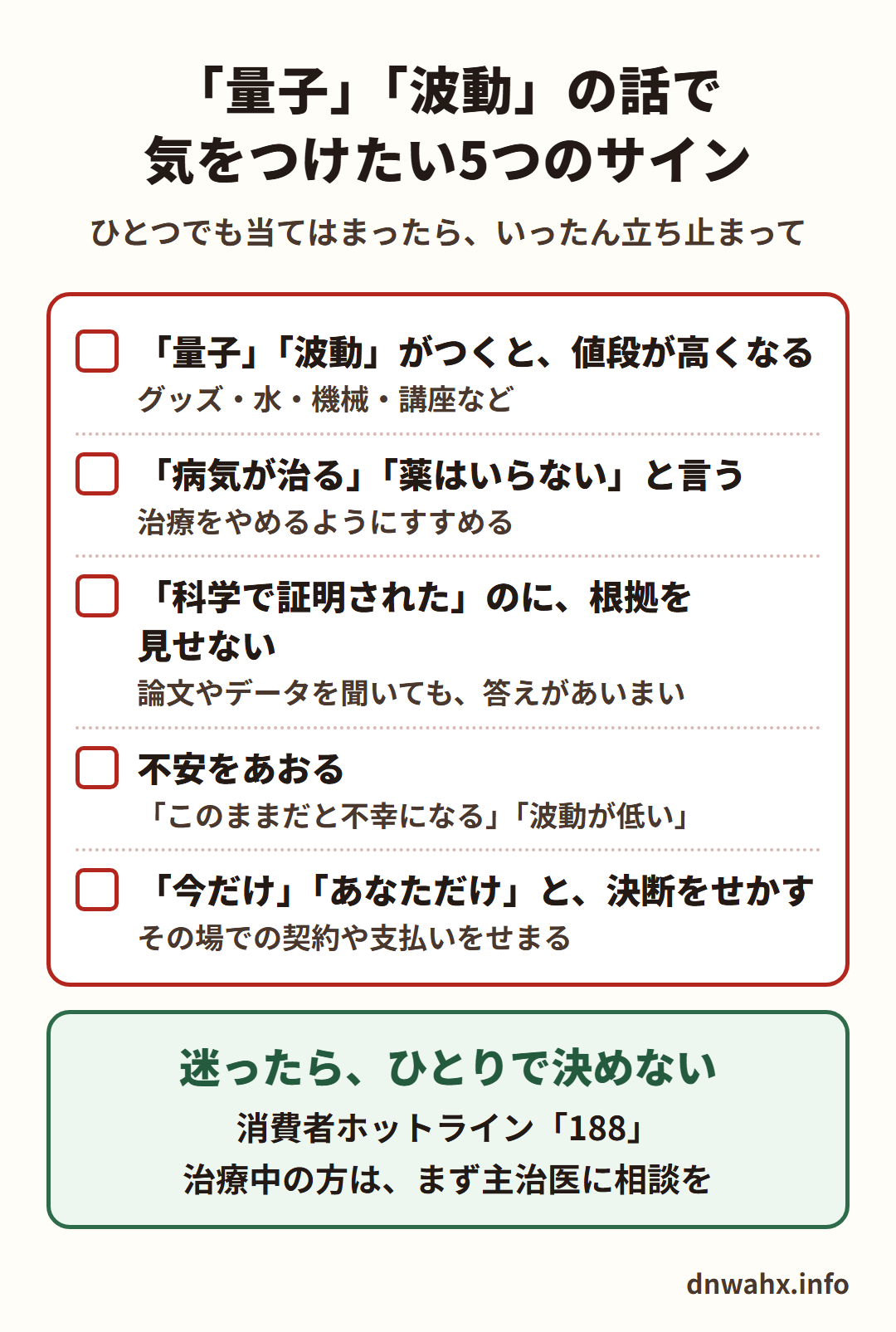 量子・波動の話で気をつけたい5つのサイン(ひとつでも当てはまったら、いったん立ち止まって) 量子・波動がつくと値段が高くなる(グッズ・水・機械・講座など) 病気が治る、薬はいらないと言う(治療をやめるようにすすめる) 科学で証明されたのに根拠を見せない(論文やデータを聞いても答えがあいまい) 不安をあおる(このままだと不幸になる、波動が低い) 今だけ、あなただけと決断をせかす(その場での契約や支払いをせまる)。迷ったらひとりで決めない。消費者ホットライン188、治療中の方はまず主治医に相談を